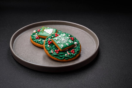 Beautiful festive Christmas gingerbread made by hand with decoration elements on a dark concrete backgroundの写真素材