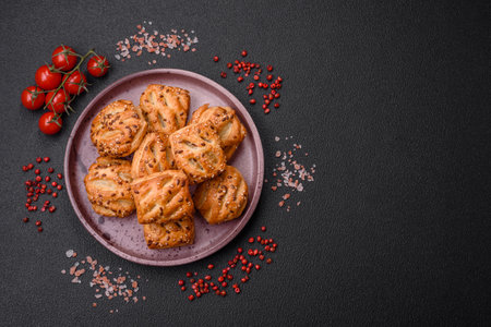 Delicious crispy mini puffs with sausage or meat with salt, thyme and sesame on a dark concrete backgroundの写真素材