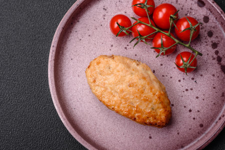 Delicious fresh fried vegetarian soybean cutlet with salt, spices and herbs with vegetables on a ceramic plate on a dark concrete backgroundの写真素材