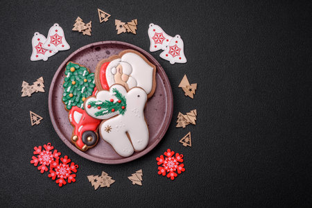 Fresh delicious baked christmas or new year gingerbread cookies with bright color themed pattern on...