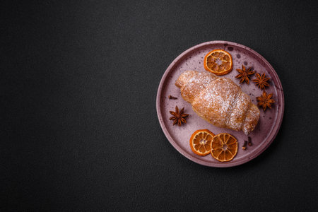 Delicious fresh sweet crispy croissants with chocolate cream on a ceramic plate on a dark concrete...
