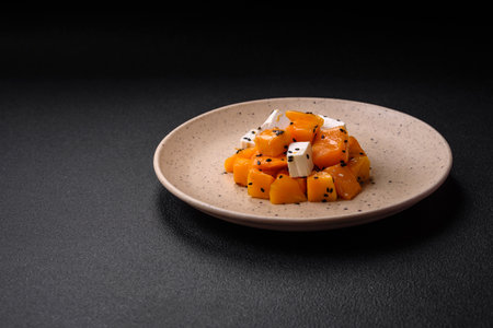 Delicious juicy salad of diced grilled pumpkin with feta cheese, spices and sesame seeds on a...