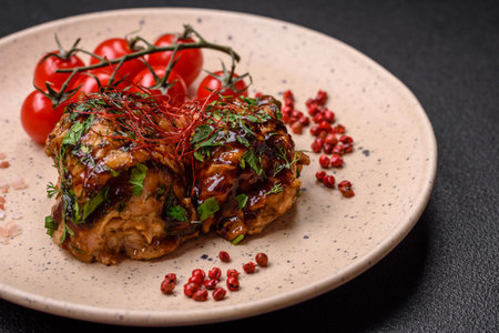 Delicious juicy fried chicken in teriyaki sauce with salt, spices, herbs and sesame seeds on a ceramic plateの写真素材