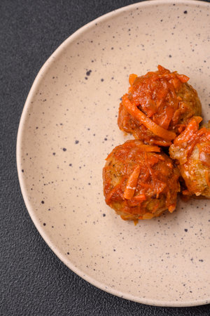 Delicious fresh meatballs from minced meat or fish with tomato sauce, carrots, onions, salt and...