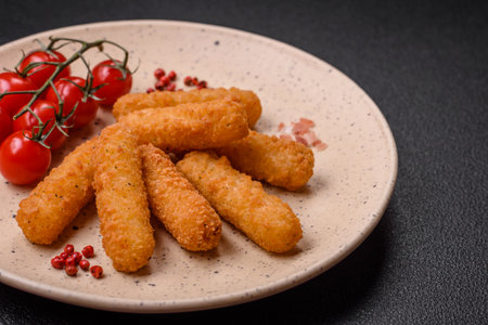 Delicious crispy cheese sticks with mozzarella, salt and spices, breaded and fried in oil. Fast food, takeawayの写真素材