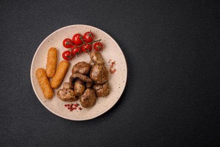 Delicious juicy whole champignons baked on the grill with salt and spices on a ceramic plate on a dark concrete backgroundの写真素材