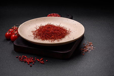 Red thin hot chili threads on a dark background. For decorating Asian dishes