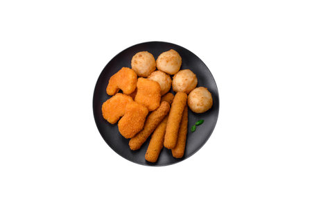 Delicious nuggets, sticks and balls of mozzarella and parmesan cheese with salt and spices. Fast food, unhealthy foodの写真素材