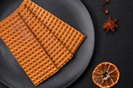 Delicious sweet crispy rectangular waffles on a ceramic plate on a dark concrete backgroundの写真素材