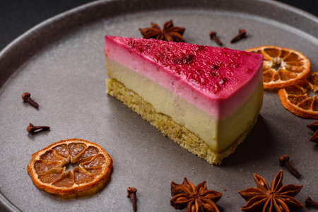 Delicious sweet cheesecake cake with mascarpone cheese, raspberries and jam on a dark concrete...