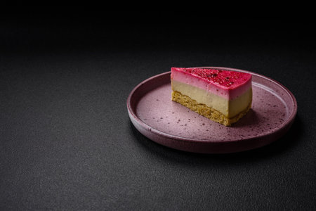 Delicious sweet cheesecake cake with mascarpone cheese, raspberries and jam on a dark concrete backgroundの写真素材