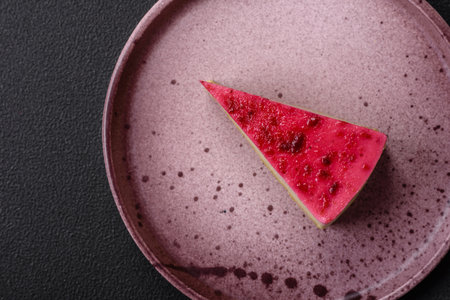 Delicious sweet cheesecake cake with mascarpone cheese, raspberries and jam on a dark concrete backgroundの写真素材