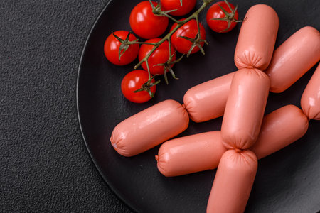 Delicious fresh vegetarian sausage or sausage made from vegetable protein tofu or seitan legumes, lean wheat with salt and spices on texture backgroundの写真素材