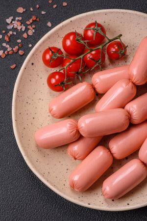 Delicious fresh vegetarian sausage or sausage made from vegetable protein tofu or seitan legumes, lean wheat with salt and spices on texture backgroundの写真素材