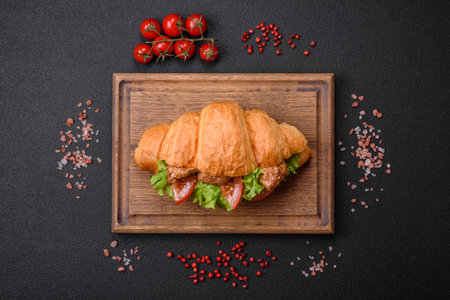 Delicious fresh crispy croissant with chicken or beef meat, lettuce, tomatoes, spices and sauce on a dark concrete backgroundの写真素材