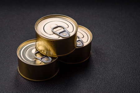Round metal can with canned fish or meat with a key on a concrete texture backgroundの写真素材