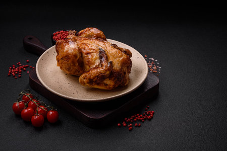 Crispy delicious whole baked chicken with vegetables, salt and spices on a dark concrete background