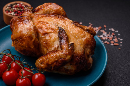 Crispy delicious whole baked chicken with vegetables, salt and spices on a dark concrete background