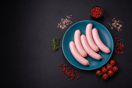 Delicious fresh vegetarian sausage or sausage made from vegetable protein tofu or seitan legumes, lean wheat with salt and spices on texture backgroundの写真素材