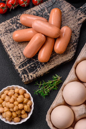 Raw chicken eggs in a box, cherry tomatoes, chickpeas, spices, salt and herbs. Ingredients for a delicious, nutritious breakfastの写真素材