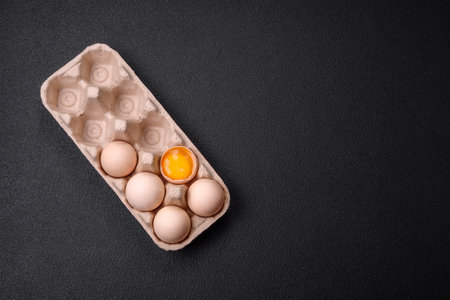 Raw chicken eggs in a box, cherry tomatoes, chickpeas, spices, salt and herbs. Ingredients for a delicious, nutritious breakfastの写真素材