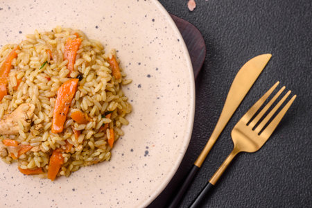 Delicious Uzbek pilaf with chicken, carrots, barberry, spices and herbs on a dark concrete backgroundの写真素材