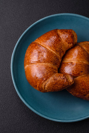 Delicious baked crispy croissants as an element of an invigorating, nutritious breakfast. Fresh baked goods for your tableの写真素材