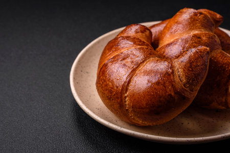 Delicious baked crispy croissants as an element of an invigorating, nutritious breakfast. Fresh baked goods for your tableの写真素材