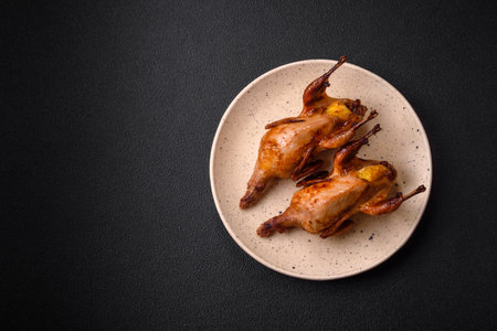 Roasted quail, partridge or pigeon stuffed with orange with spices and herbs on a dark concrete backgroundの写真素材