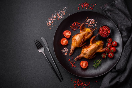 Roasted quail, partridge or pigeon stuffed with orange with spices and herbs on a dark concrete backgroundの写真素材