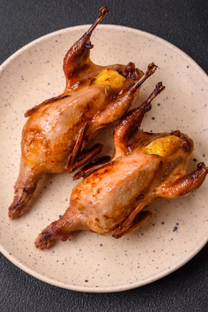 Roasted quail, partridge or pigeon stuffed with orange with spices and herbs on a dark concrete backgroundの写真素材