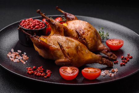 Roasted quail, partridge or pigeon stuffed with orange with spices and herbs on a dark concrete backgroundの写真素材