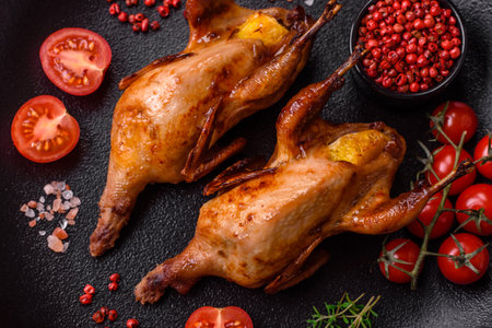 Roasted quail, partridge or pigeon stuffed with orange with spices and herbs on a dark concrete backgroundの写真素材