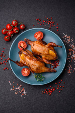 Roasted quail, partridge or pigeon stuffed with orange with spices and herbs on a dark concrete backgroundの写真素材