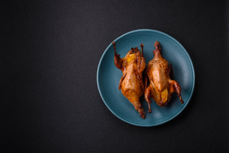Roasted quail, partridge or pigeon stuffed with orange with spices and herbs on a dark concrete backgroundの写真素材