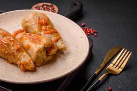 Delicious cabbage rolls with meat, rice, salt, spices and herbs. Traditional dish of Ukrainian...