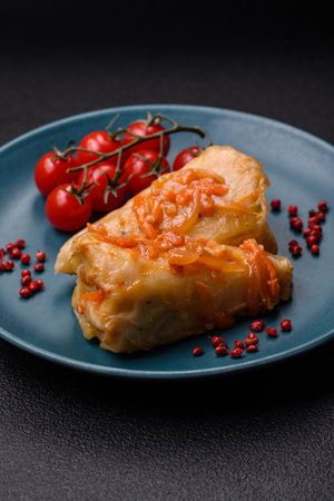 Delicious cabbage rolls with meat, rice, salt, spices and herbs. Traditional dish of Ukrainian cuisineの写真素材