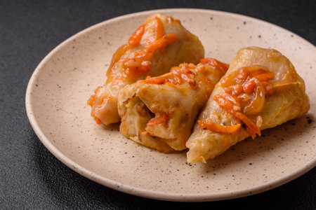 Delicious cabbage rolls with meat, rice, salt, spices and herbs. Traditional dish of Ukrainian cuisineの写真素材
