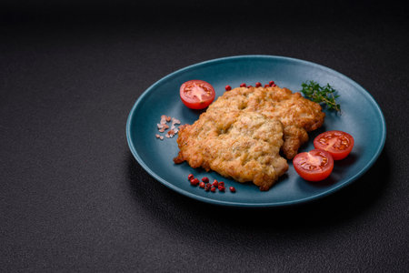 Delicious baked chicken or turkey chops with salt, spices and herbs on a dark concrete backgroundの写真素材