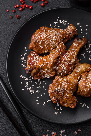 Delicious grilled chicken wings with salt, spices and teriyaki sauce on a dark concrete backgroundの写真素材