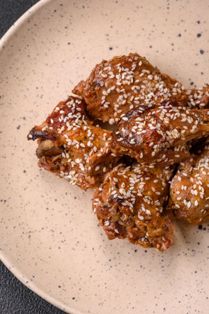 Delicious grilled chicken wings with salt, spices and teriyaki sauce on a dark concrete backgroundの写真素材