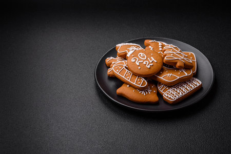 Delicious gingerbread cookies with honey, ginger and cinnamon. Winter compositionの写真素材