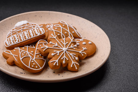 Beautiful Christmas gingerbread cookies of different colors on a ceramic plate on a dark concrete...