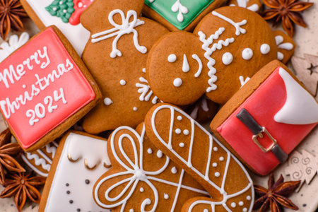 Beautiful Christmas gingerbread cookies of different colors on a ceramic plate on a dark concrete...