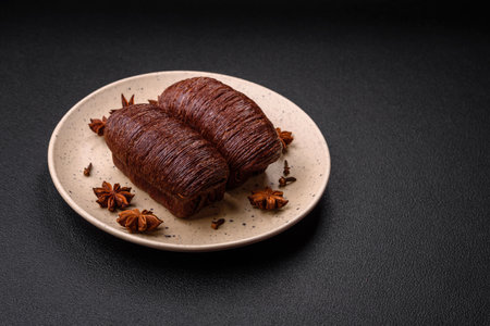 Delicious sweet crispy puff pastry with chocolate filling on a dark concrete background