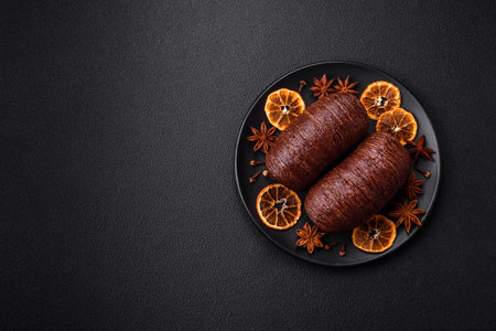 Delicious sweet crispy puff pastry with chocolate filling on a dark concrete background