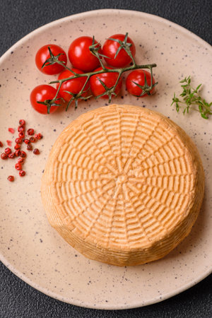Delicious hard craft cheese made from cow or goat milk on a dark concrete backgroundの写真素材