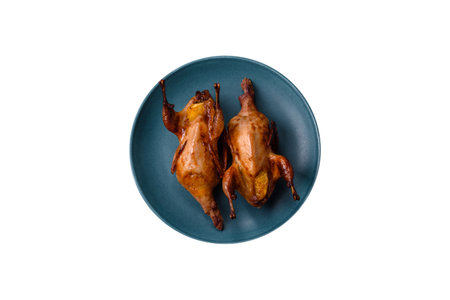 Roasted quail, partridge or pigeon stuffed with orange with spices and herbs on a dark concrete backgroundの写真素材