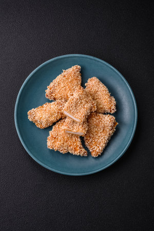 Delicious fresh crispy chicken nuggets on a dark concrete background. Unhealthy food, fast foodの写真素材