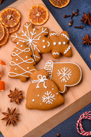 Beautiful festive Christmas composition of tangerines, gingerbread and star anise on a dark textured...